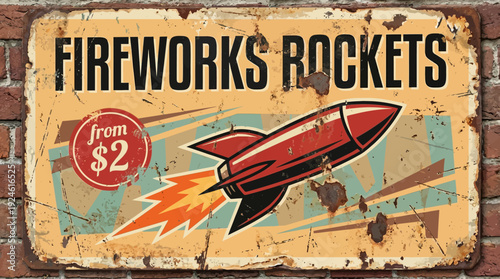 Vintage Fireworks Rockets Advertising Sign on Brick Wall with Retro Distressed Metal Texture and Price
