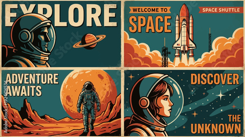 Retro Space Exploration Posters Set: Vintage Astronauts, Rocket Launch, and Cosmic Adventures – Explore the Unknown