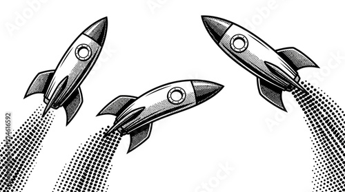 Three Retro Comic Rockets Launching Upwards with Halftone Trails - Startup, Business Growth, Innovation Concept