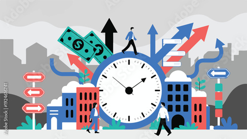 Stylized illustration of business growth and financial success, highlighting efficient time management and strategic progress in a vibrant urban environment