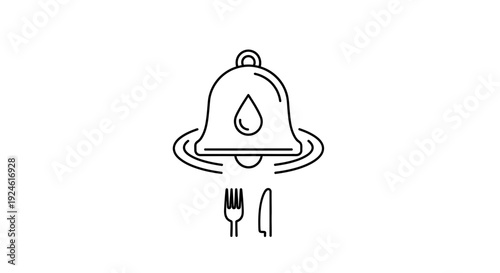 Dinner Bell Icon with Water Droplet and Cutlery, Food Service Alert Symbol