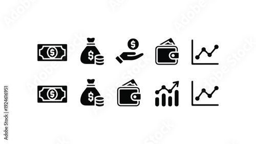 A Collection of Black and White Financial Icons Representing Money, Savings, and Growth in a Modern Business Context