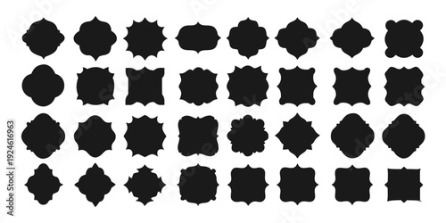 Collection of ornate black frames and labels arranged in a grid