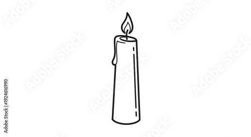 Drawn Candle Flame Burning Brightly Isolated on White Background, Simple Line Art Illustration