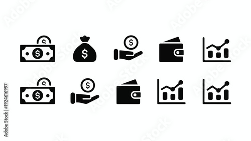 A comprehensive set of modern black vector icons representing diverse financial concepts, money management, investment, and economic growth