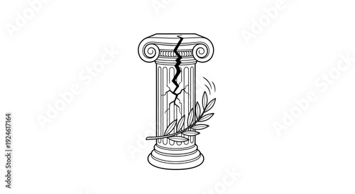 Cracked Ancient Greek Column with Olive Branch - Symbol of Decline and Peace