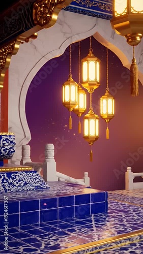 Golden Islamic Architecture Lanterns Lit Warmly With Blue Tiles Background