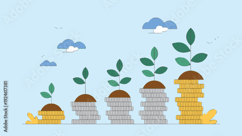 A minimalist illustration depicting the growth of financial investments over time, with stacks of coins and young plants symbolizing prosperity and returns