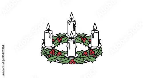 Christmas Advent Wreath with Four Burning Candles, Holly Berries and Green Leaves