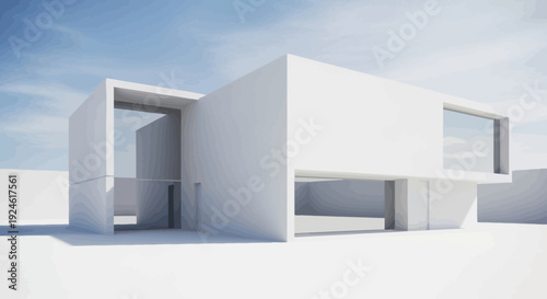 Modern minimalist house with large windows, open doorway, and sleek design in a serene landscape viewed from the front