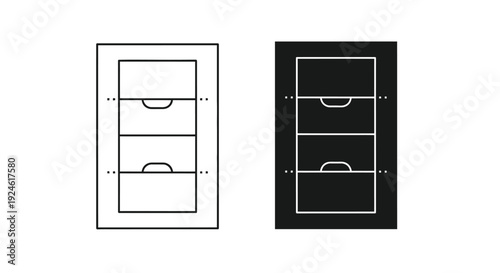 Line drawings of a three-drawer cabinet in black and white on a plain background.