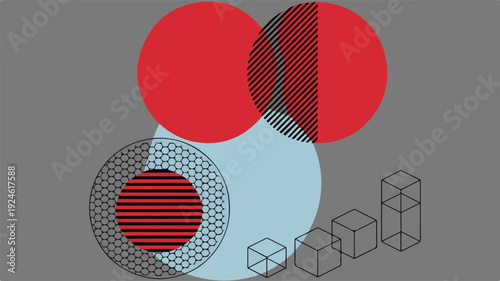Abstract geometric visualization with patterned circles and wireframe cubes, illustrating complex data analysis, economic models, and interconnected structural frameworks for modern business