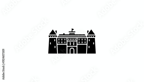 Black Silhouette of a Grand Castle or Palace Building with Towers and Flag