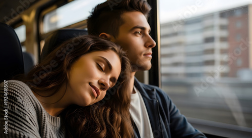 A peaceful young couple traveling by train where the woman sleeps comfortably on the man's shoulder by the window