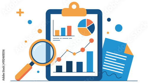 A flat design illustration of a clipboard with charts and graphs, magnifying glass, and documents, representing data analysis and business insights