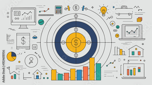 Flat Design Business and Finance Infographic with Icons and Charts Representing Growth and Success