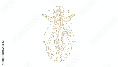Ascension of Jesus Christ, Religious Iconography, Golden Line Art, Divine Light, Stars
