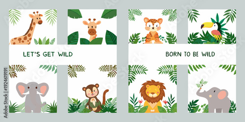 Colorful illustration featuring various jungle animals and tropical foliage