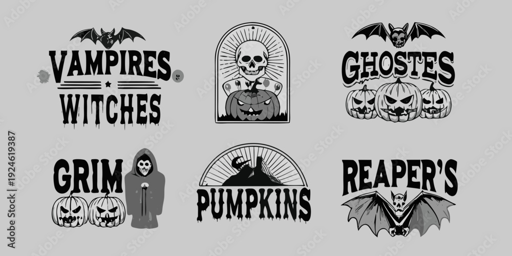 Fototapeta premium Halloween themed emblems featuring spooky creatures and gothic designs