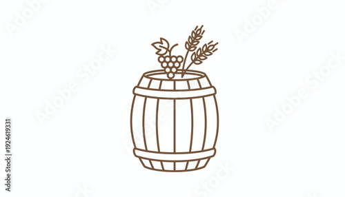 Barrel with Grapes and Wheat Stalks - Vintage Harvest and Fermentation Icon