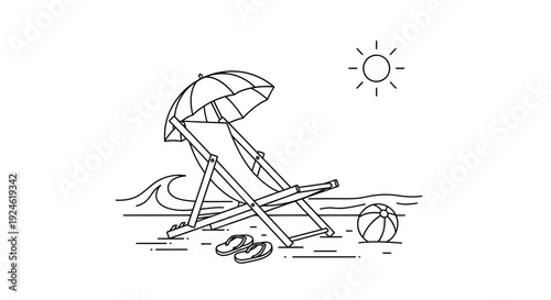 Beach Vacation Scene: Deck Chair, Umbrella, Ball, Flip-flops, Sunny Day, Ocean Waves