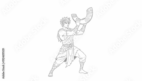 Warrior holding ancient horn, tribal warrior, fantasy character, ancient artifact, illustration