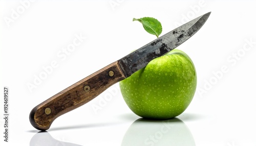 Knife Piercing a Green Apple - A Culinary and Symbolic Still Life.