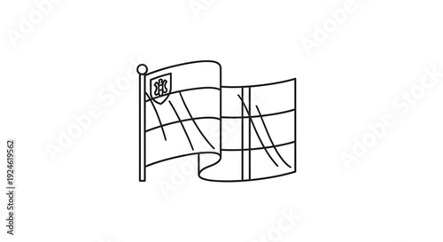 Waving flag icon with coat of arms, simple outline drawing, vector illustration