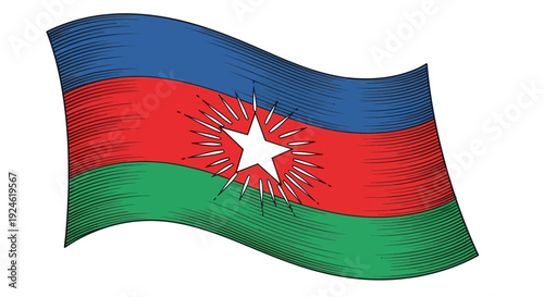 Waving flag with star and rays, national symbol, patriotic, graphic design