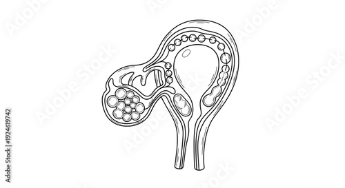 Uterus anatomy illustration with fibroids and ovarian cyst, medical diagram