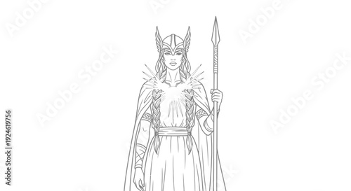 Valkyrie Warrior Woman with Spear and Helmet, Fantasy Line Art