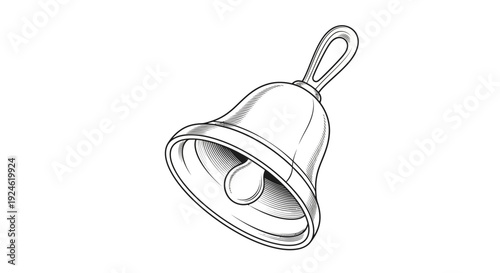 Vintage Hand Bell Sketch, Isolated on White Background, Retro Style Drawing