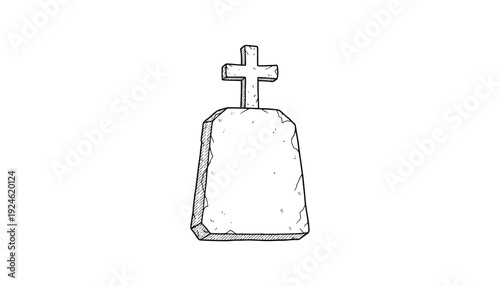 Stone Gravestone with Cross - Hand Drawn Sketch Illustration