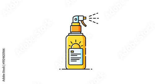 Sunscreen spray bottle with sun icon, protection from sun, summer skin care, outdoor use