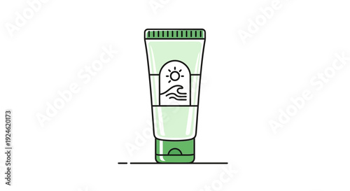 Sunscreen tube with sun and wave icon, representing sun protection and skincare