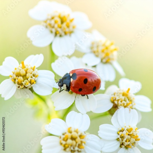 Ladybug Perched on Delicate White Flowers in a Sunny Garden, Natures Beauty.
