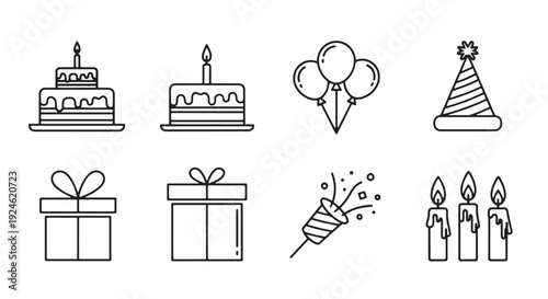 Birthday Party Items Minimal Outline Stroke Vector Icon Pack with Cake, Balloons, Party Hat, Gift Box, Confetti Popper, Candles