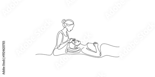 Line drawing of a professional therapist performing a relaxing facial massage on a lying client.
