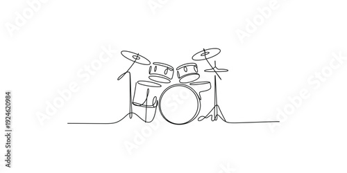 Minimalist one line drawing of a complete drum set with cymbals and bass drum