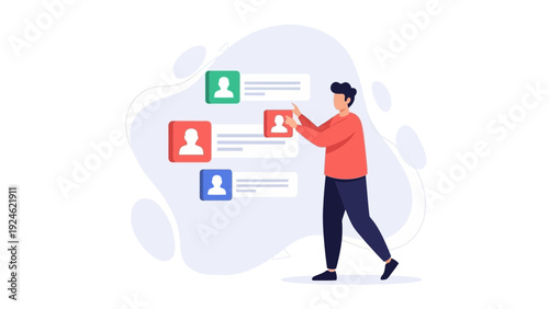 Man Selecting Profile From List - Flat Design Illustration