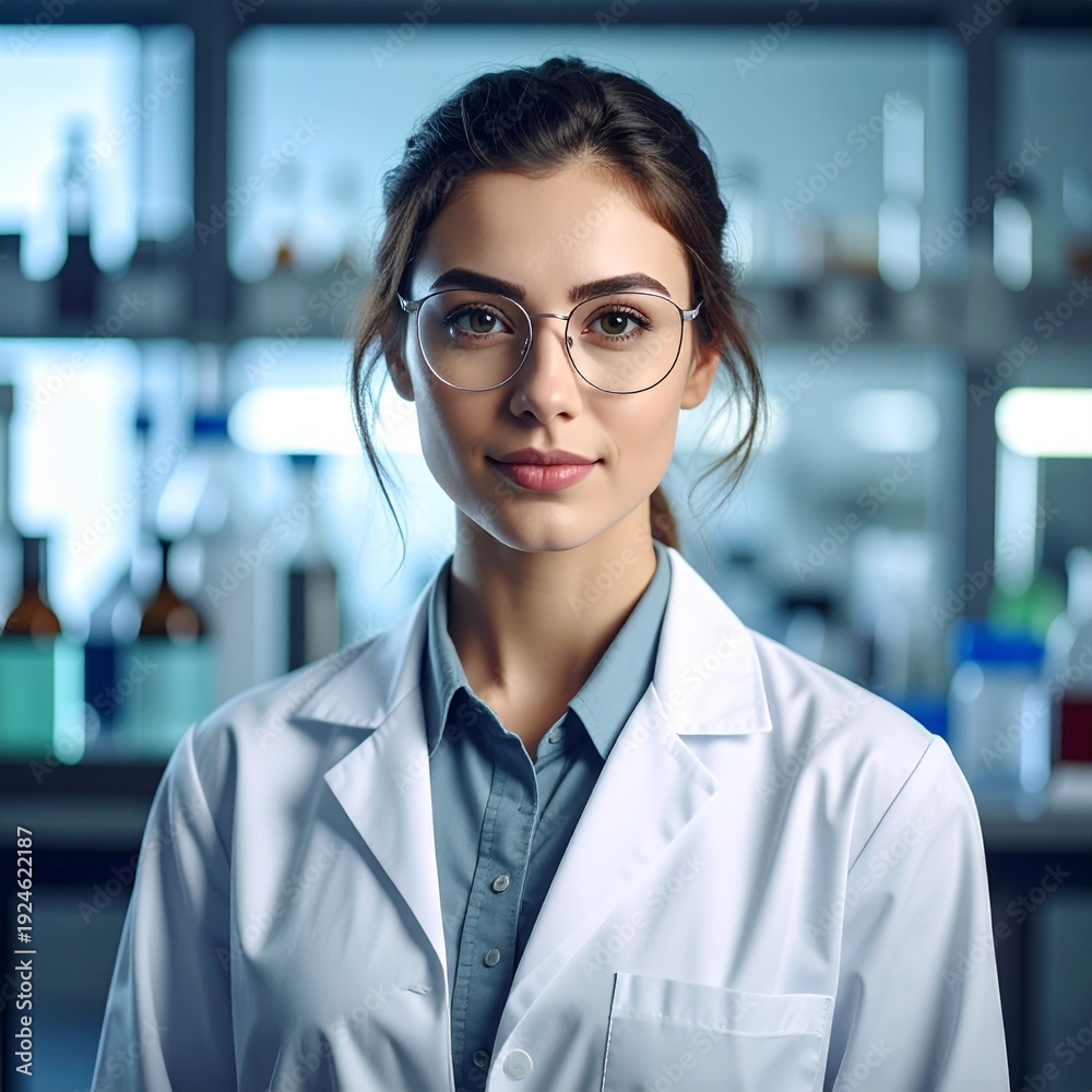 Fototapeta premium Intelligent Scientist in Laboratory - Portrait of a Focused Researcher in a Lab Coat.