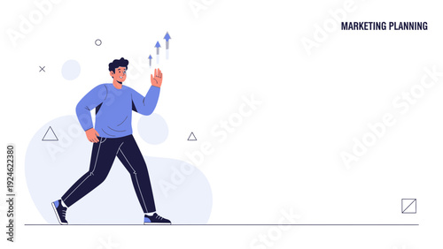 Man Waving Hand with Upward Arrows, Marketing Planning Concept