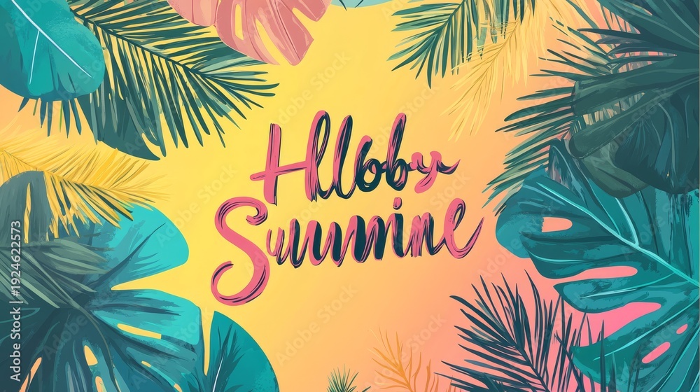 Obraz premium 49.Concept = Hello Summer banners, posters or covers with abstract tropical leaves and modern typography. Tropical Summer set in minimalist style