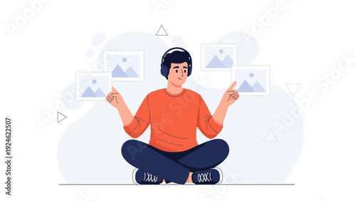 Man with headphones choosing images, digital content selection, creative process