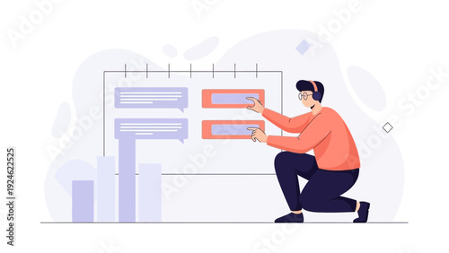 Man with headset planning on a whiteboard, business strategy, online communication