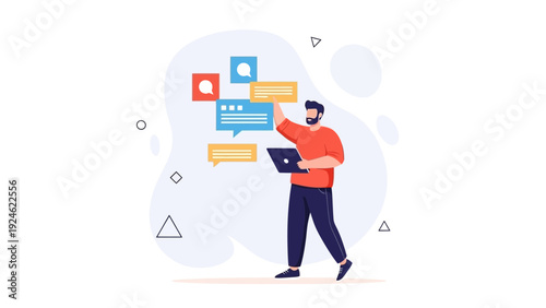 Man with Laptop Interacting with Digital Chat Bubbles and Notifications