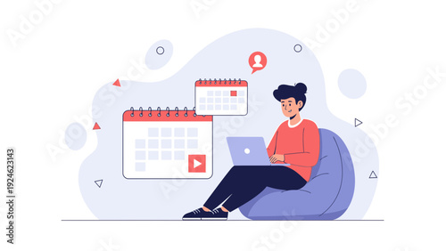 Man working on laptop with calendars, planning and scheduling tasks, remote work concept