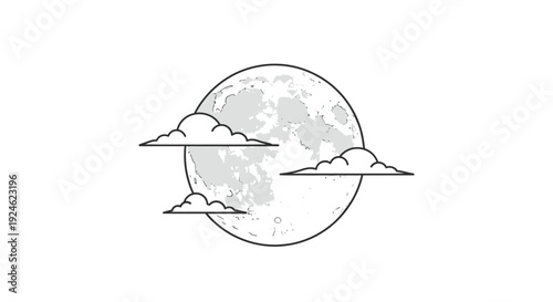 Minimalist illustration of a full moon partially obscured by stylized clouds, vector art