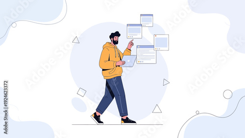 Man working on laptop, digital marketing, online content creation, social media management