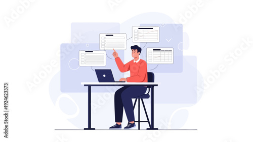 Man working on laptop with task lists, business planning, and organized workflow